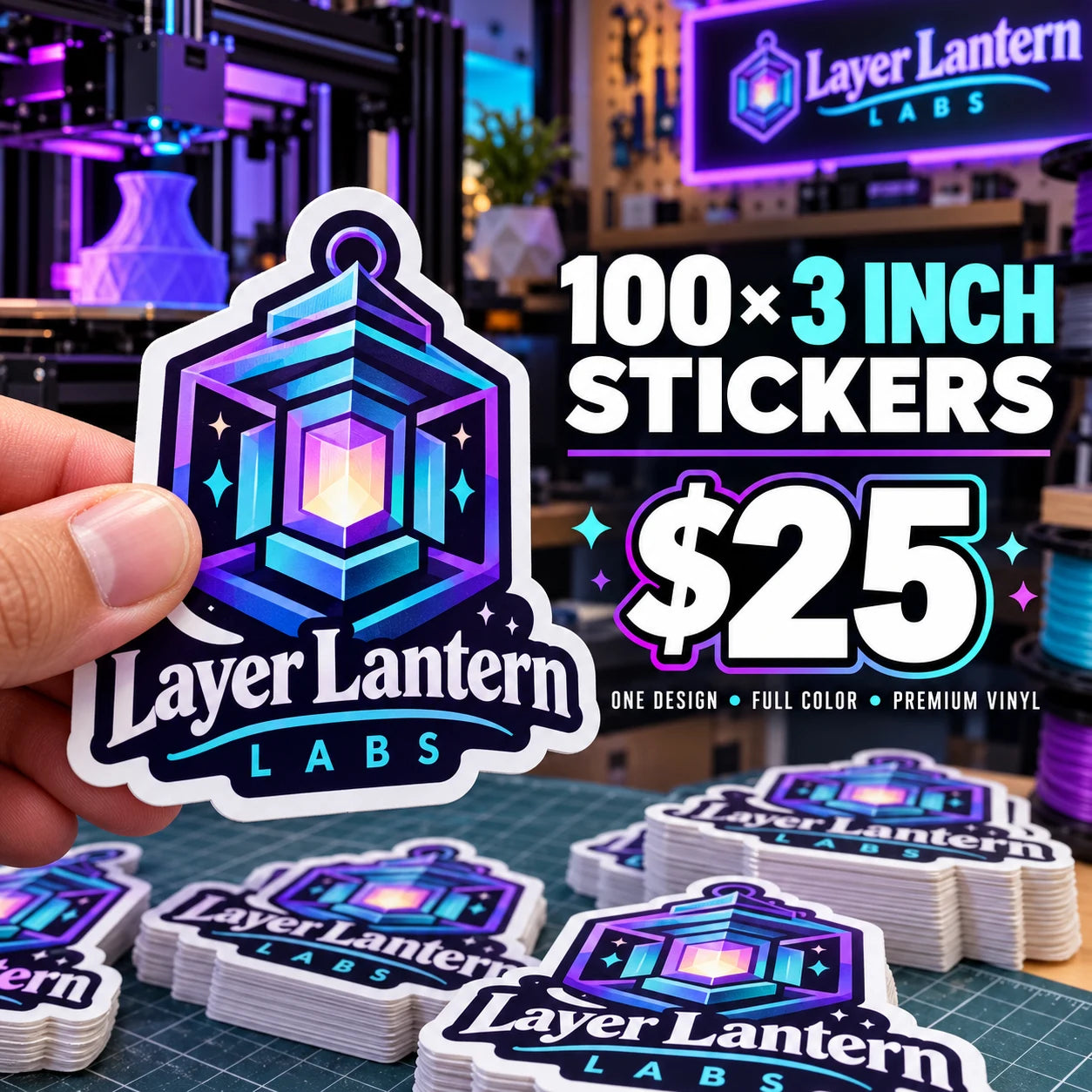 Layer Lantern Labs fictional example: 100 custom 3 inch stickers for $25