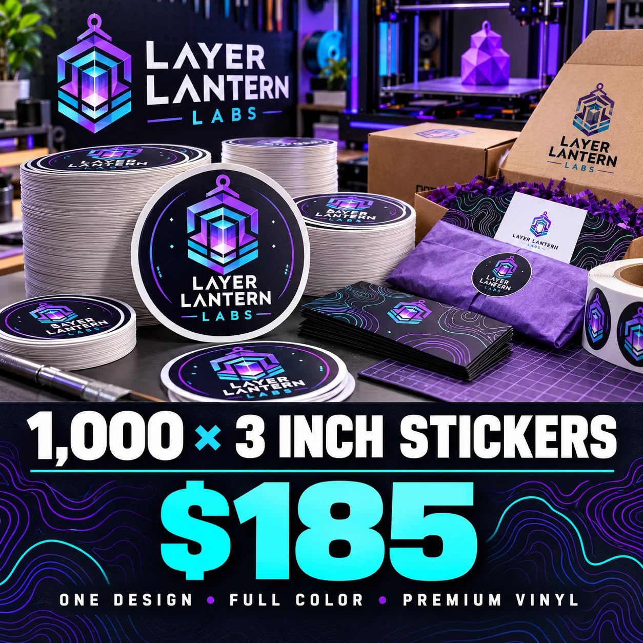 Layer Lantern Labs fictional example: 1000 custom 3 inch stickers for $185