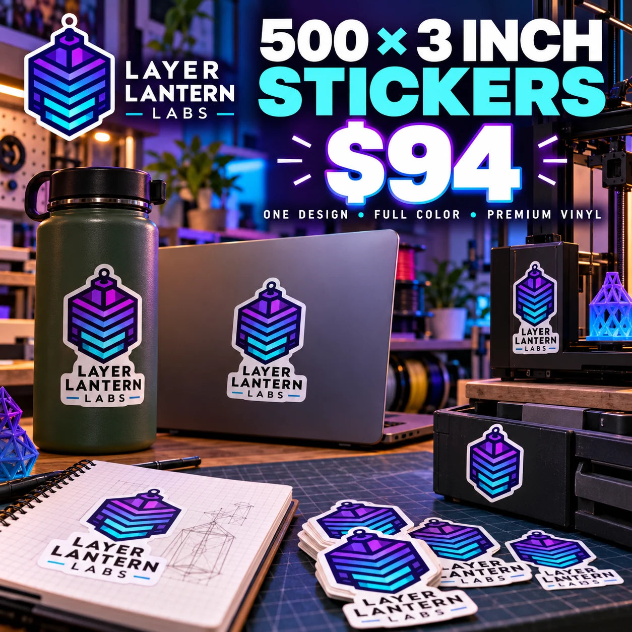 Layer Lantern Labs fictional example: 500 custom 3 inch stickers for $94