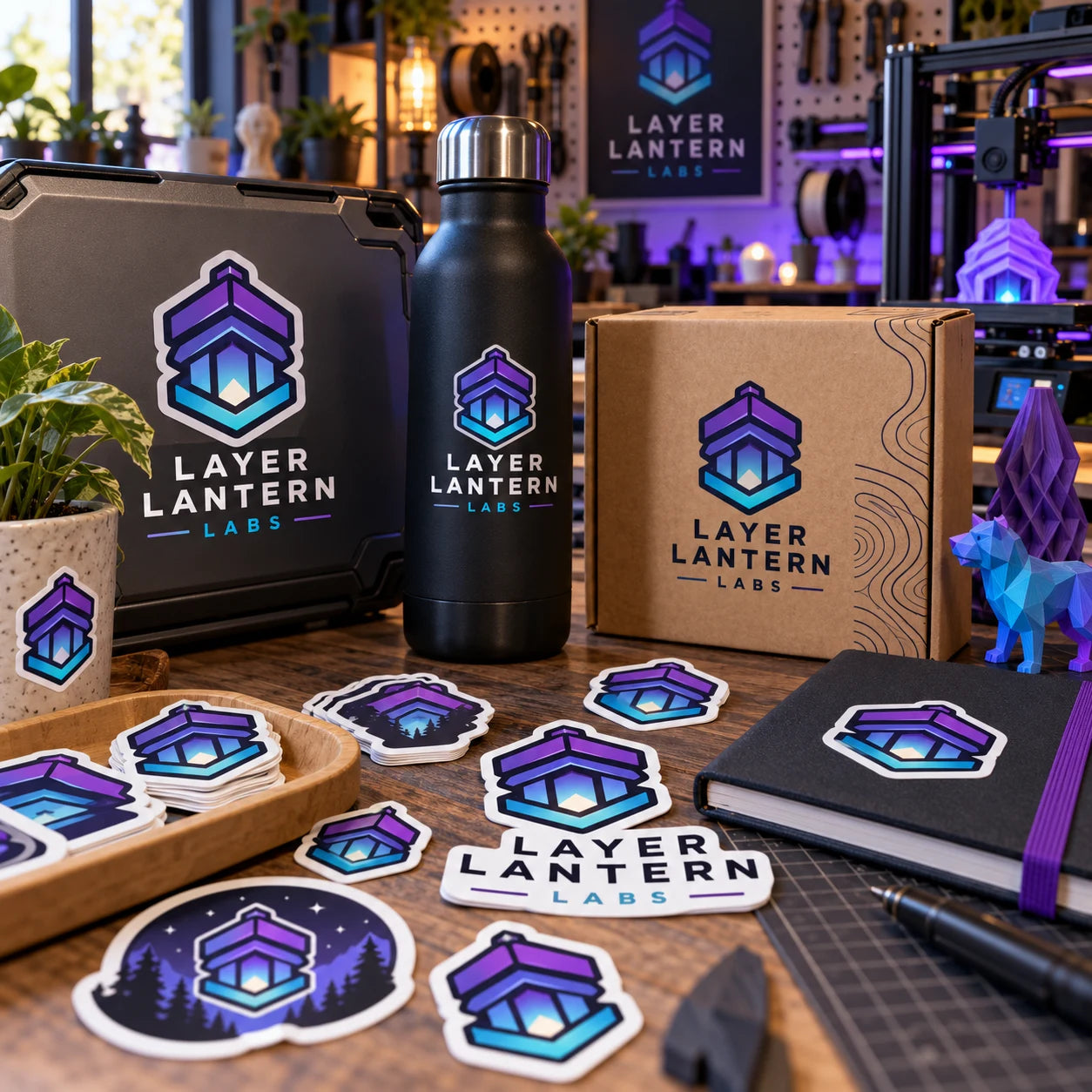 Layer Lantern Labs fictional example storefront with custom lettering and stickers