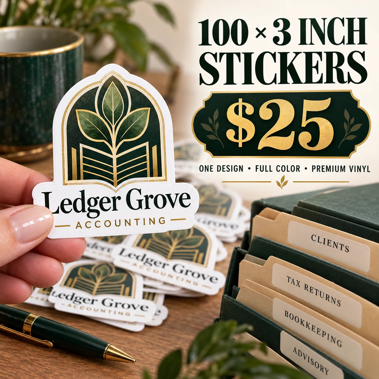 Ledger Grove Accounting fictional example: 100 custom 3 inch stickers for $25