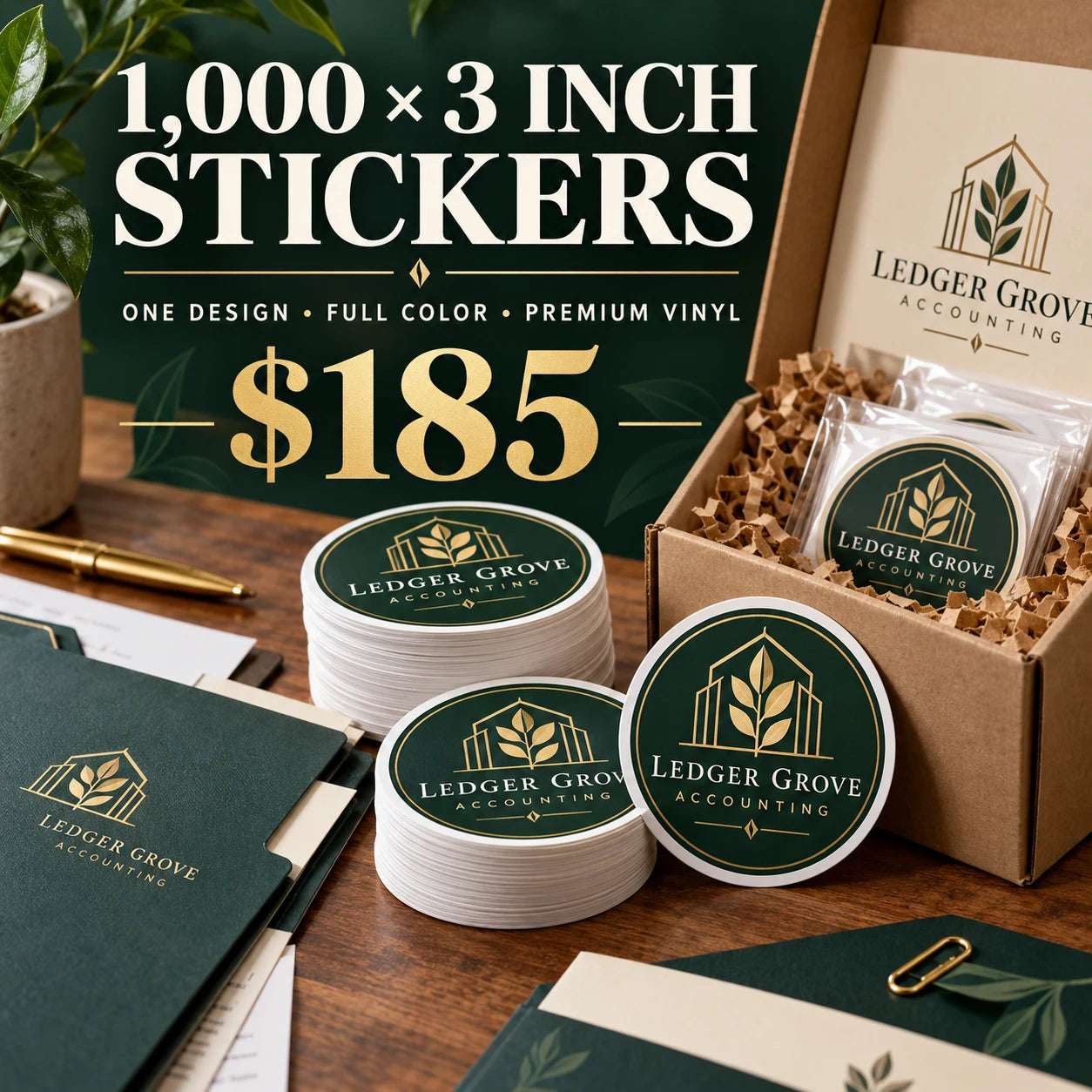 Ledger Grove Accounting fictional packaging and sticker ideas