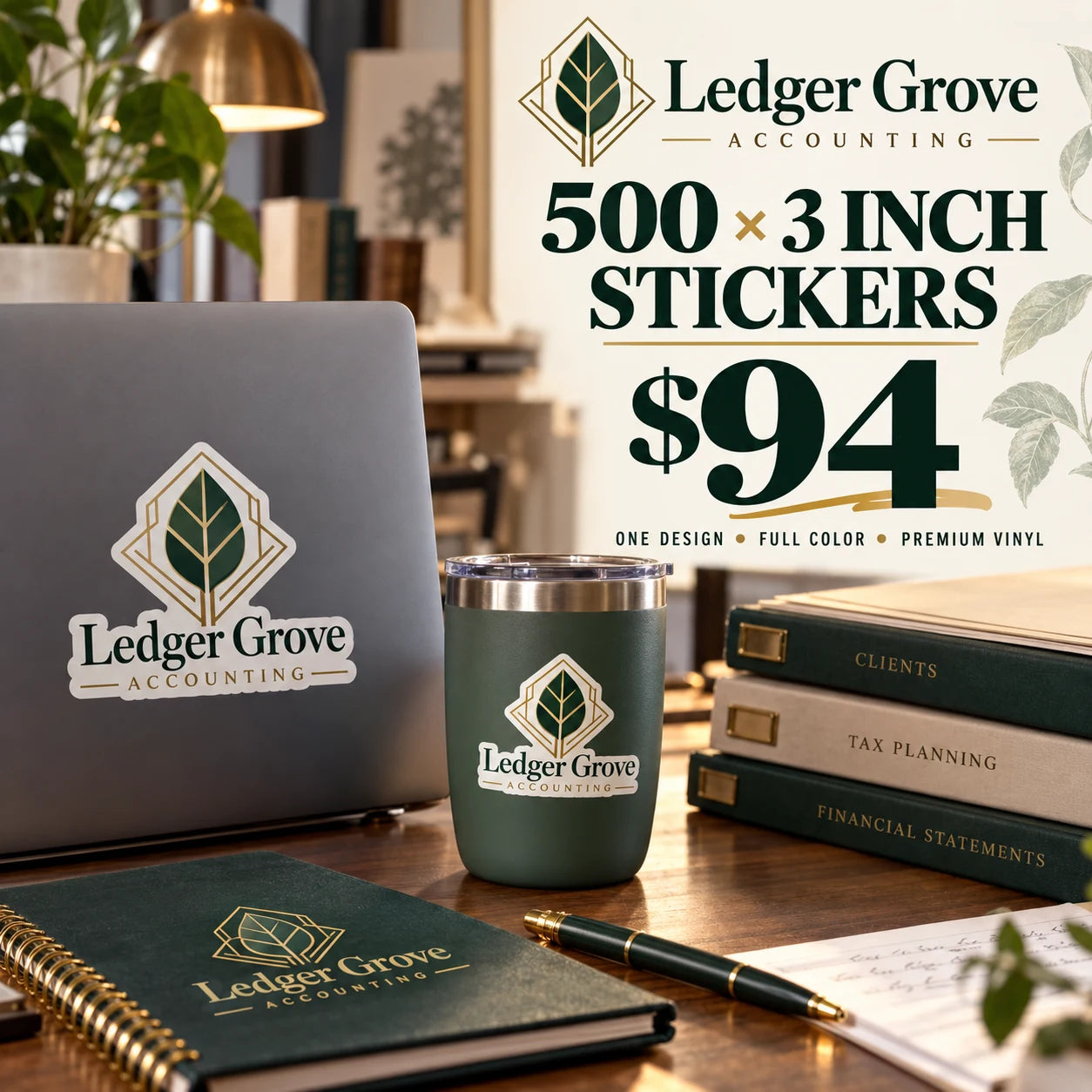 Ledger Grove Accounting fictional example: 500 custom 3 inch stickers for $94