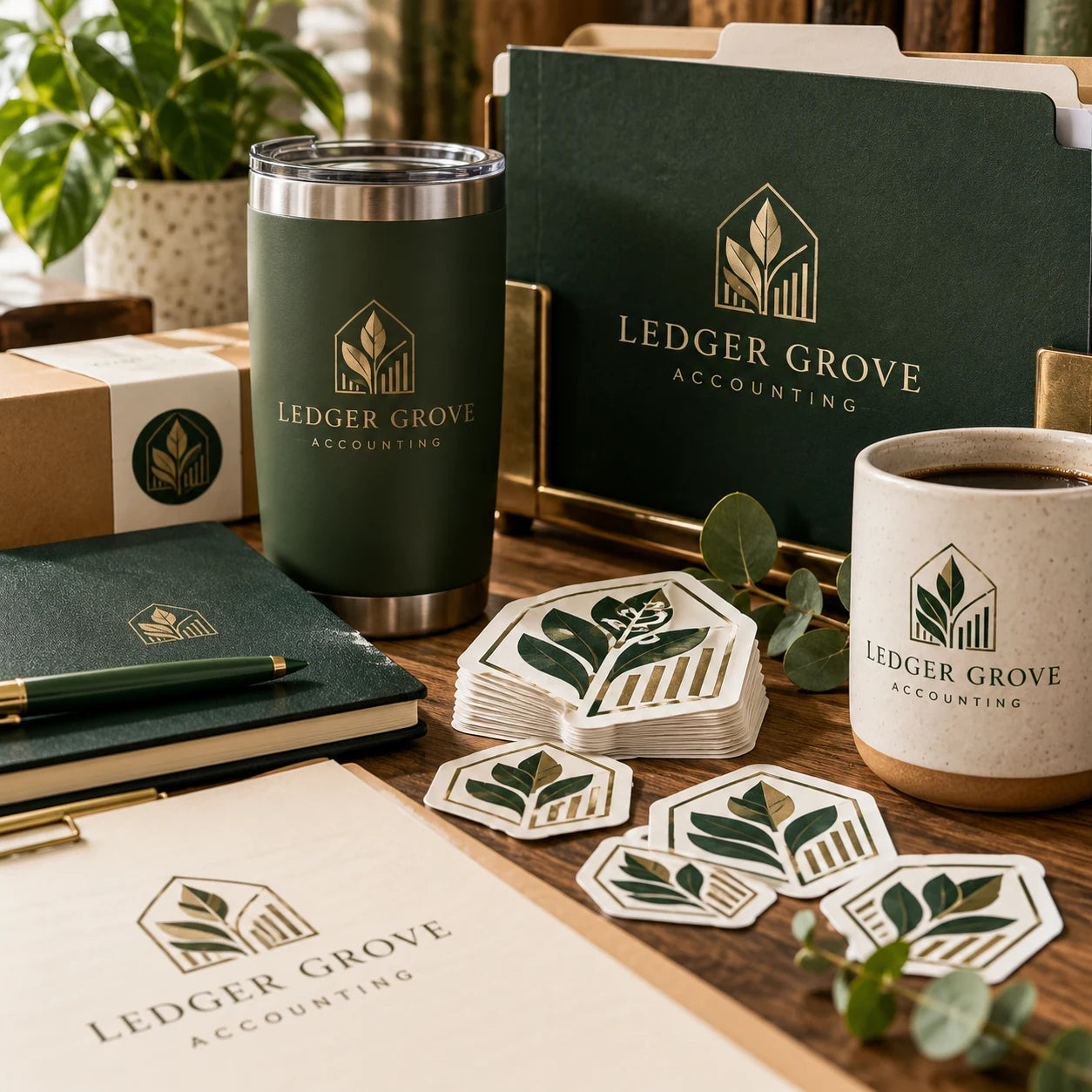 Ledger Grove Accounting fictional example storefront with custom lettering and stickers
