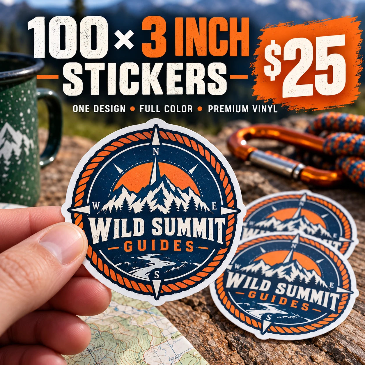 Wild Summit Guides fictional example: 100 custom 3 inch stickers for $25