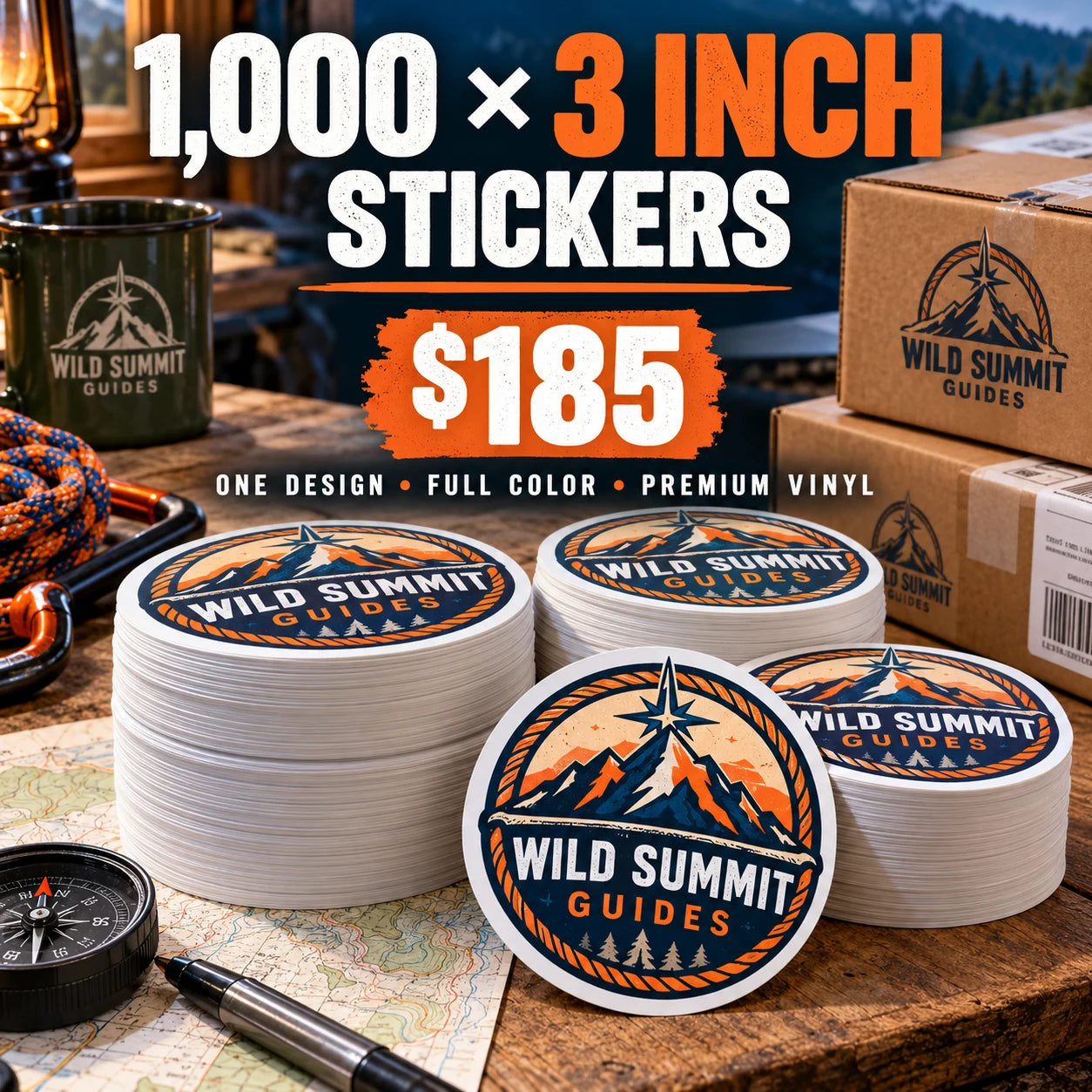 Wild Summit Guides fictional example: 1000 custom 3 inch stickers for $185
