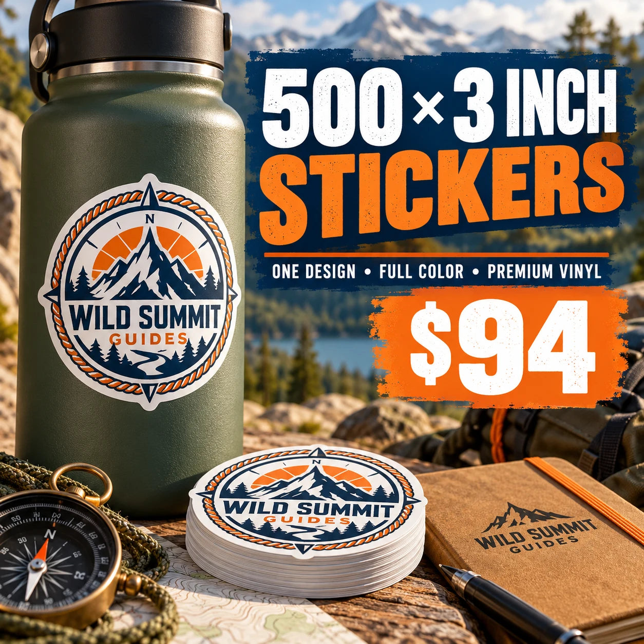 Wild Summit Guides fictional example: 500 custom 3 inch stickers for $94