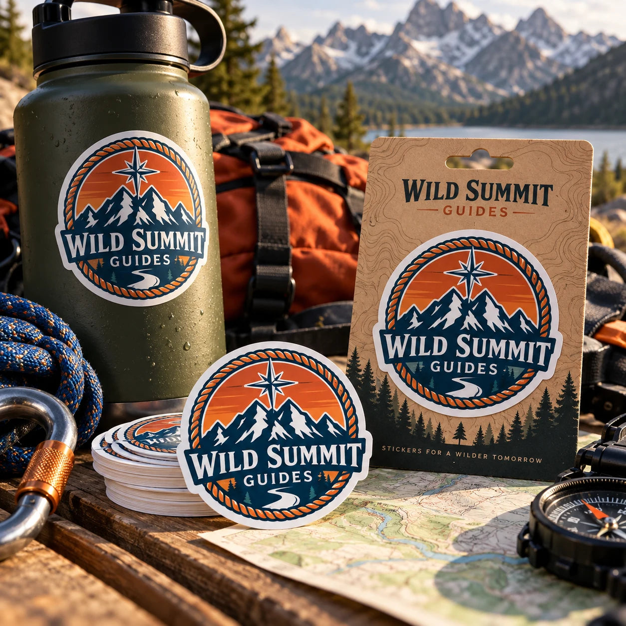 Wild Summit Guides fictional example storefront with custom lettering and stickers