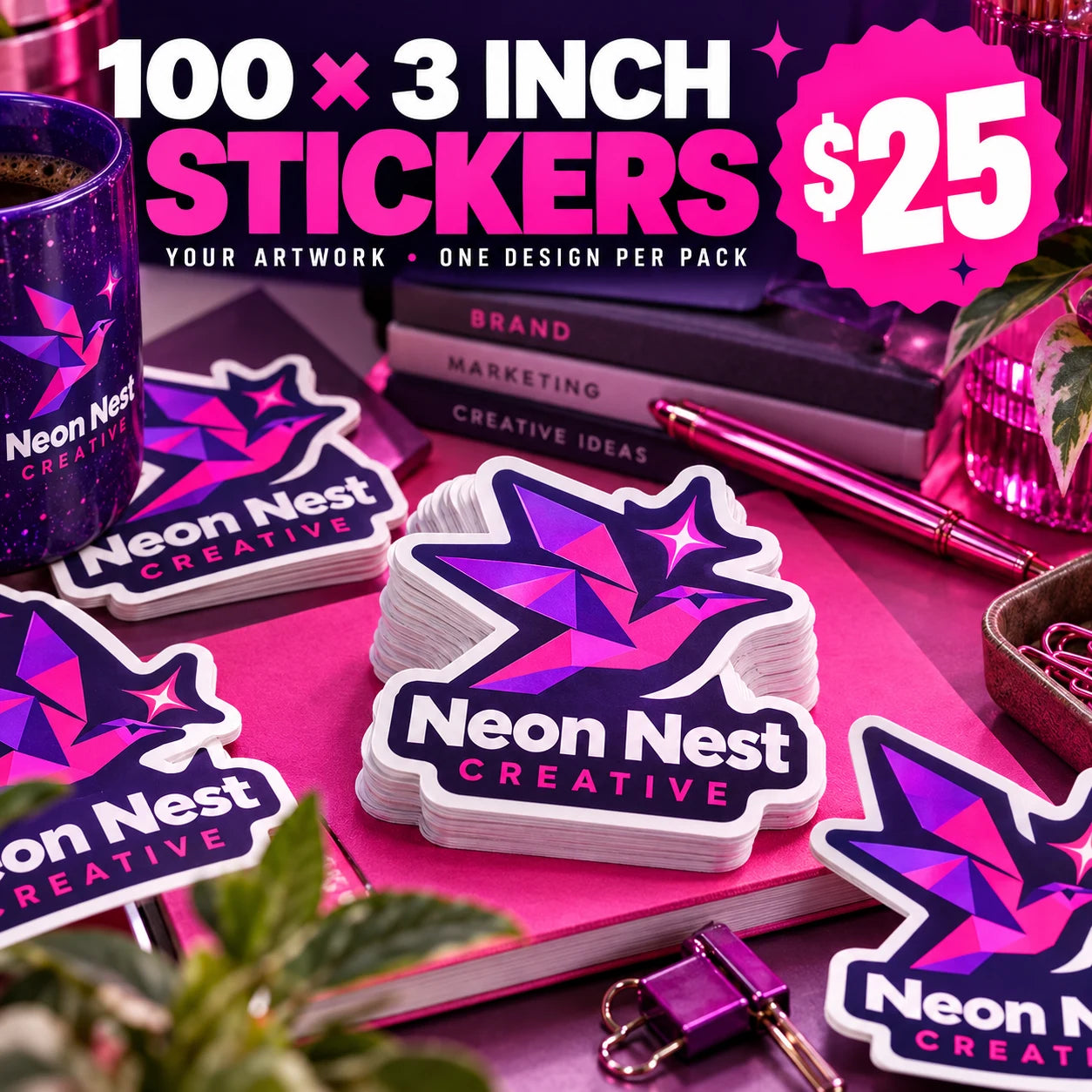 Neon Nest Creative fictional example: 100 custom 3 inch stickers for $25
