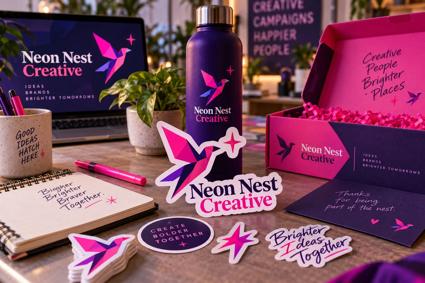 Neon Nest Creative fictional example storefront with custom lettering and stickers