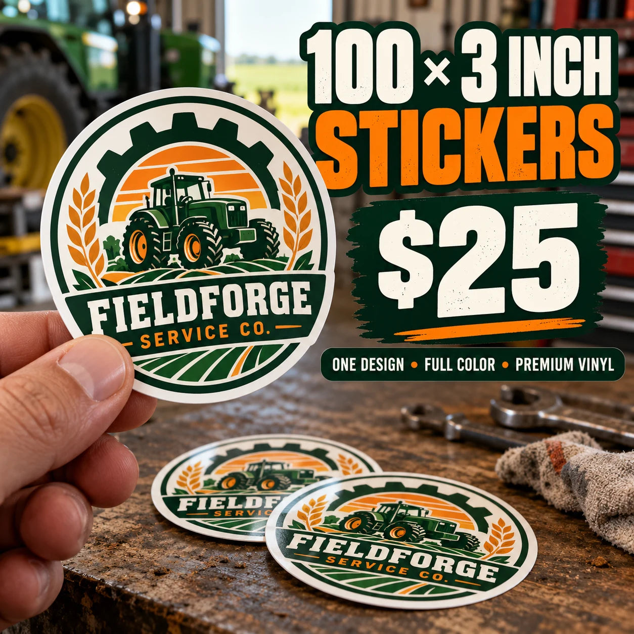 FieldForge Service Co. fictional example: 100 custom 3 inch stickers for $25