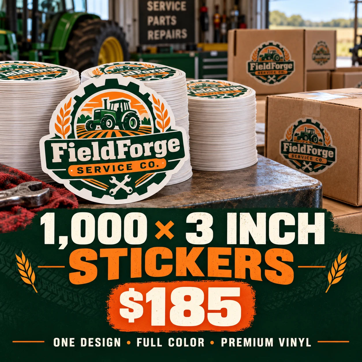 FieldForge Service Co. fictional example: 1000 custom 3 inch stickers for $185