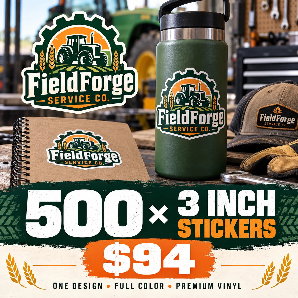 FieldForge Service Co. fictional example: 500 custom 3 inch stickers for $94