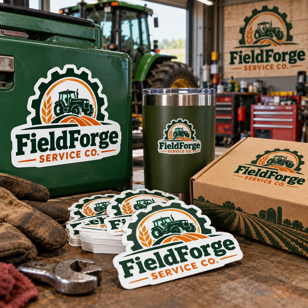 FieldForge Service Co. fictional example storefront with custom lettering and stickers