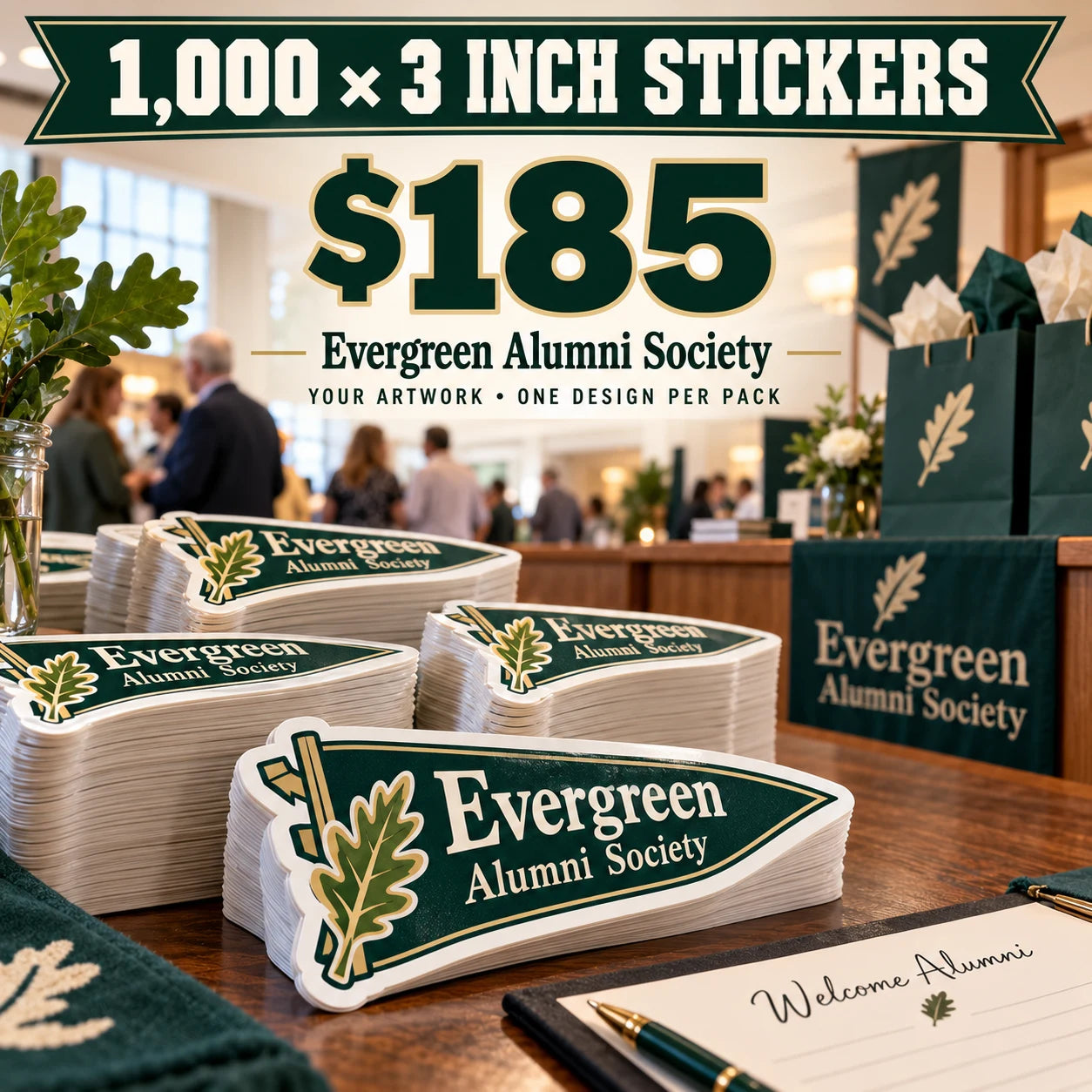 Evergreen Alumni Society fictional packaging and sticker ideas