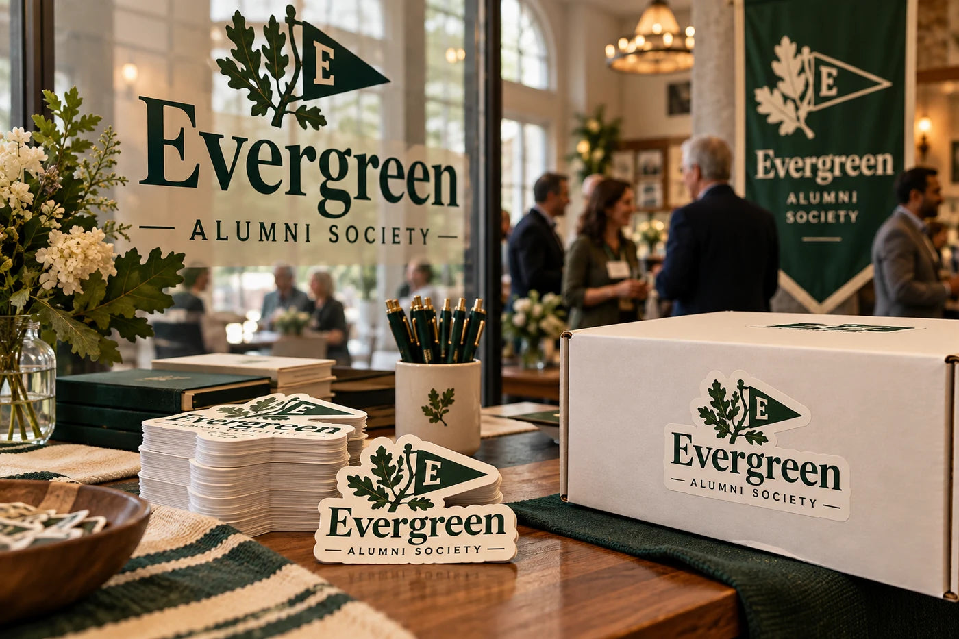 Evergreen Alumni Society fictional example storefront with custom lettering and stickers