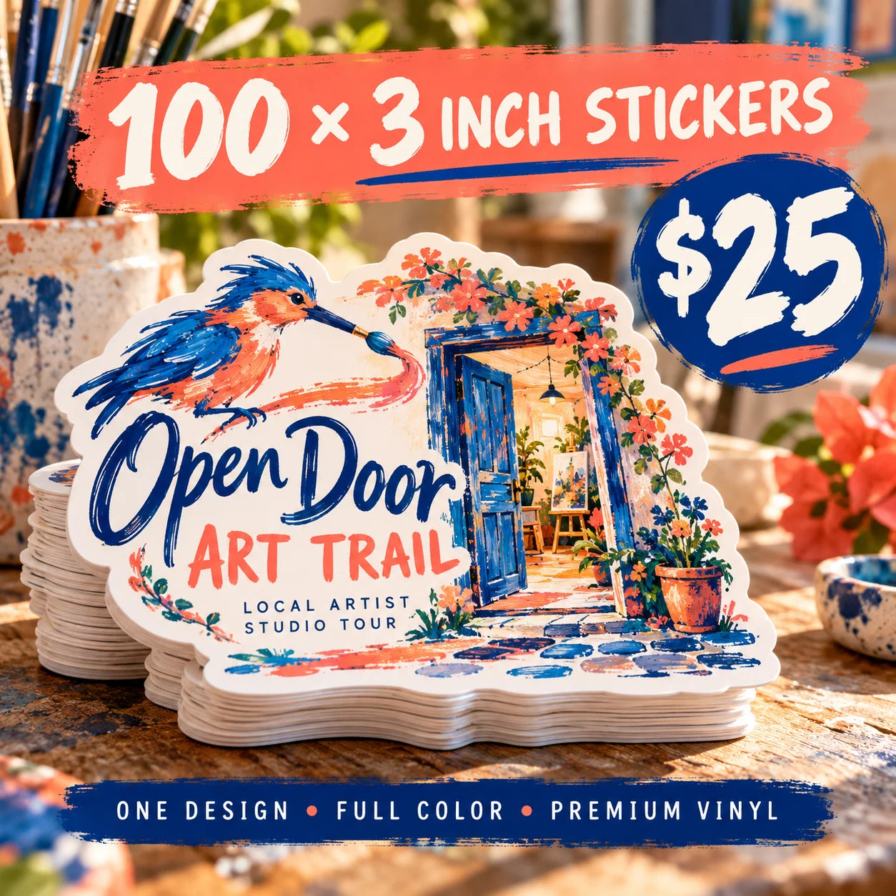 Open Door Art Trail fictional example: 100 custom 3 inch stickers for $25