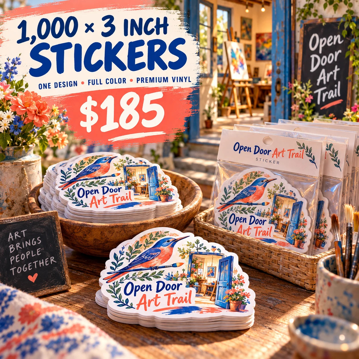 Open Door Art Trail fictional example: 1000 custom 3 inch stickers for $185