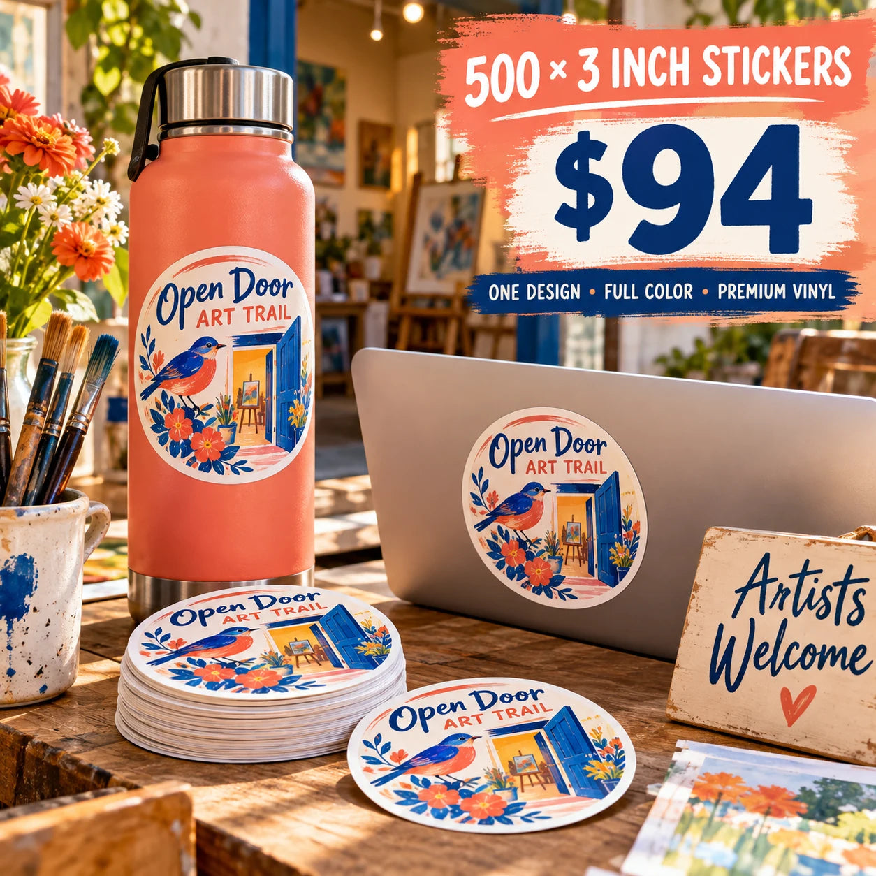 Open Door Art Trail fictional example: 500 custom 3 inch stickers for $94