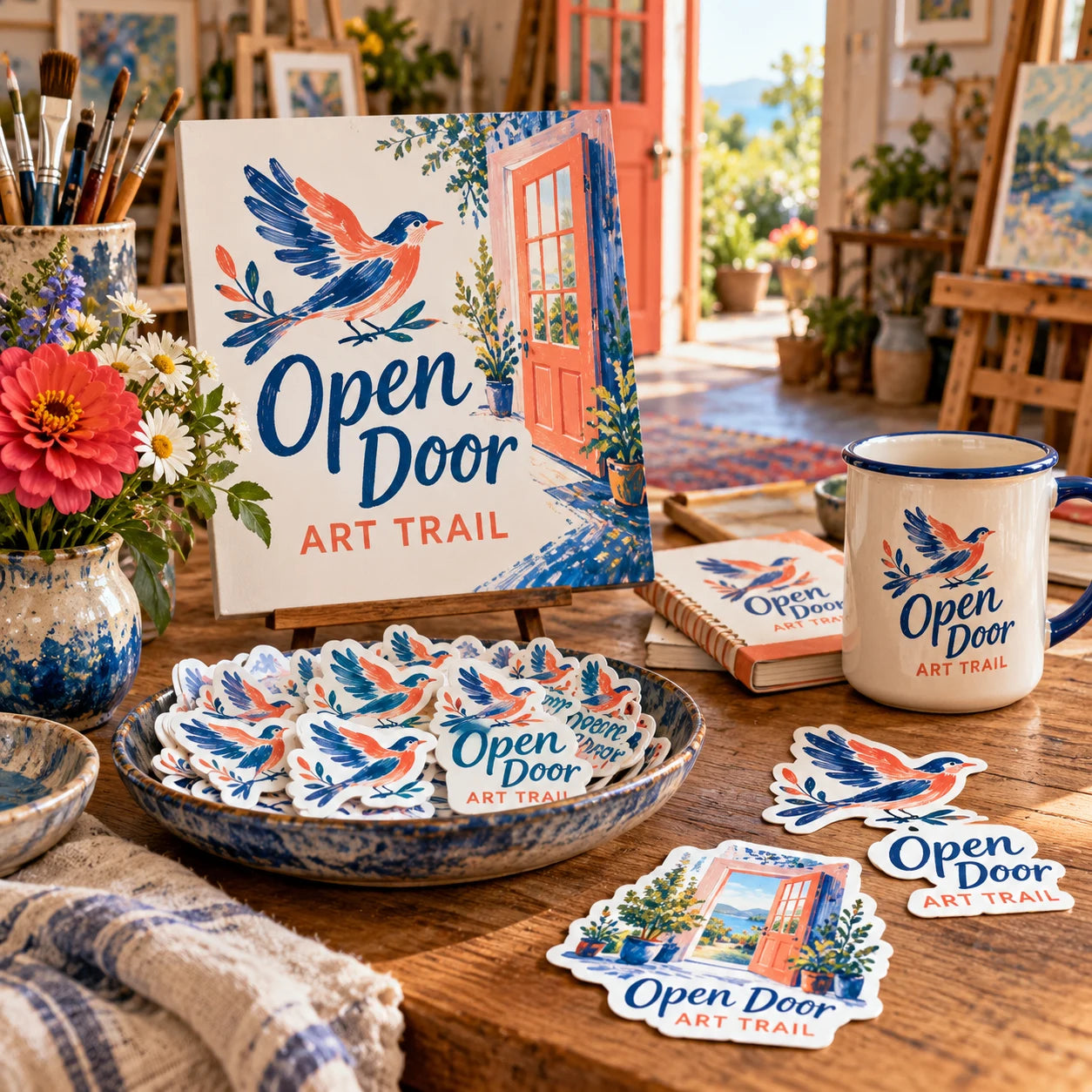 Open Door Art Trail fictional example storefront with custom lettering and stickers