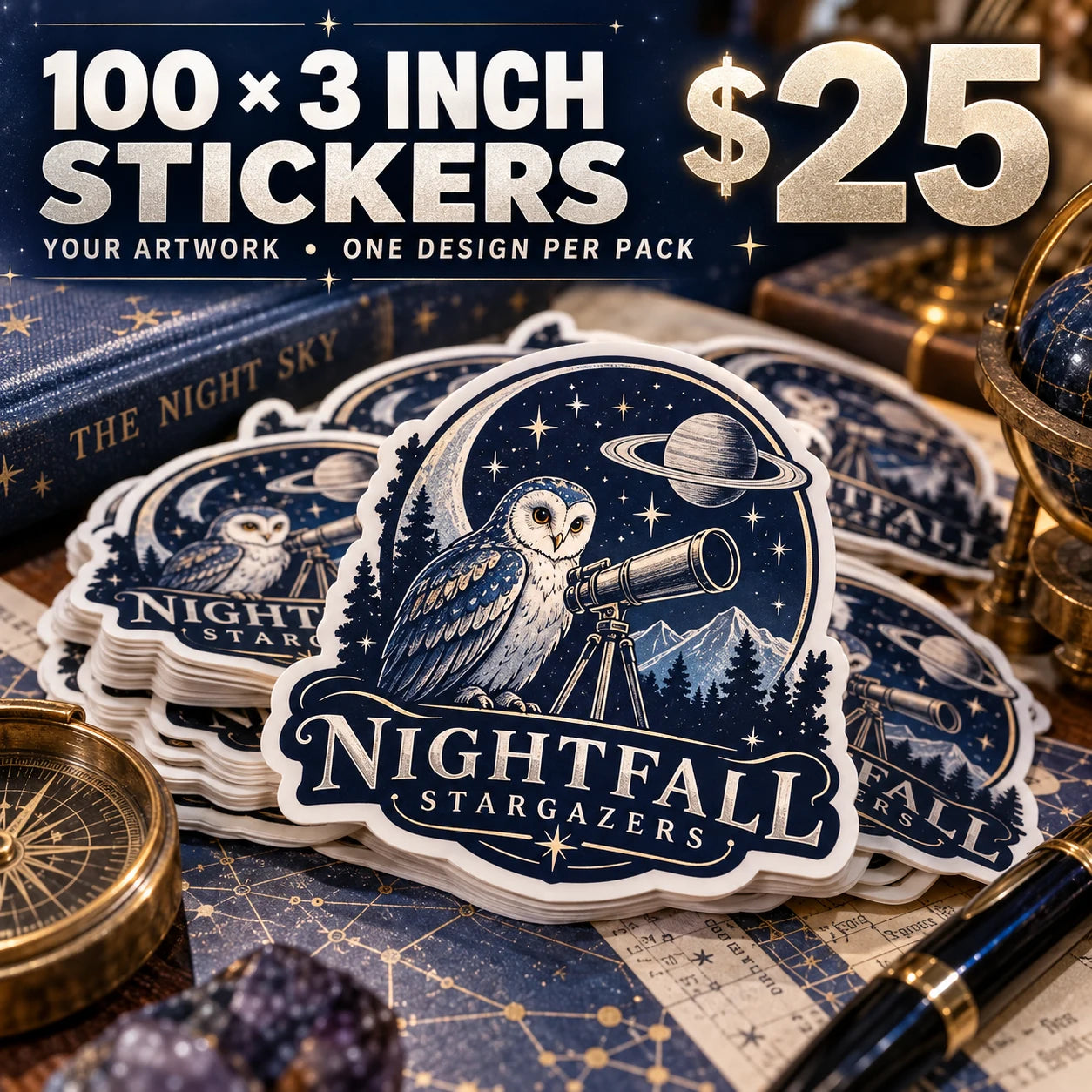 Nightfall Stargazers fictional example: 100 custom 3 inch stickers for $25