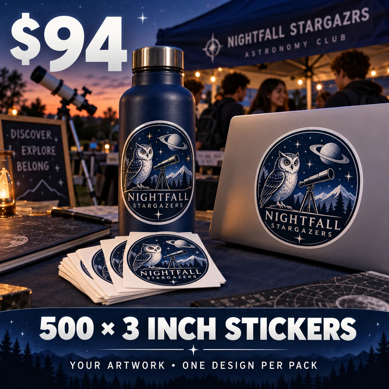 Nightfall Stargazers fictional example: 500 custom 3 inch stickers for $94