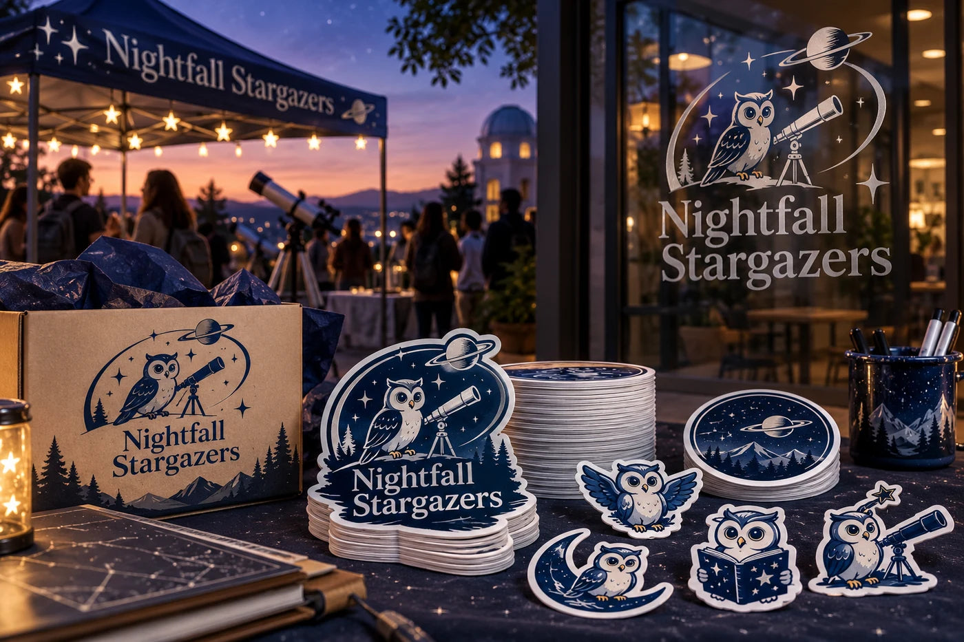 Nightfall Stargazers fictional example storefront with custom lettering and stickers
