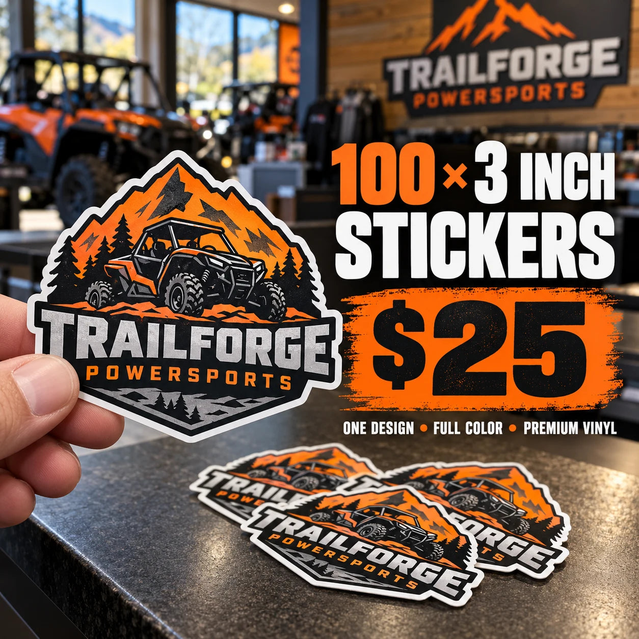 Trailforge Powersports fictional example: 100 custom 3 inch stickers for $25