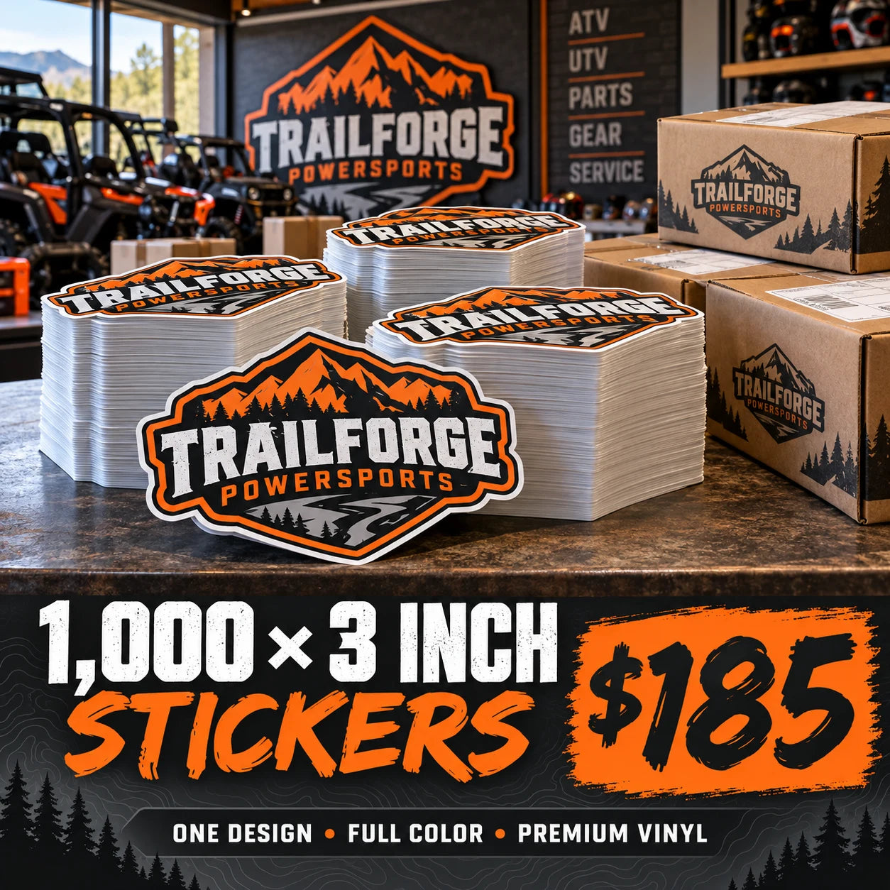 Trailforge Powersports fictional example: 1000 custom 3 inch stickers for $185