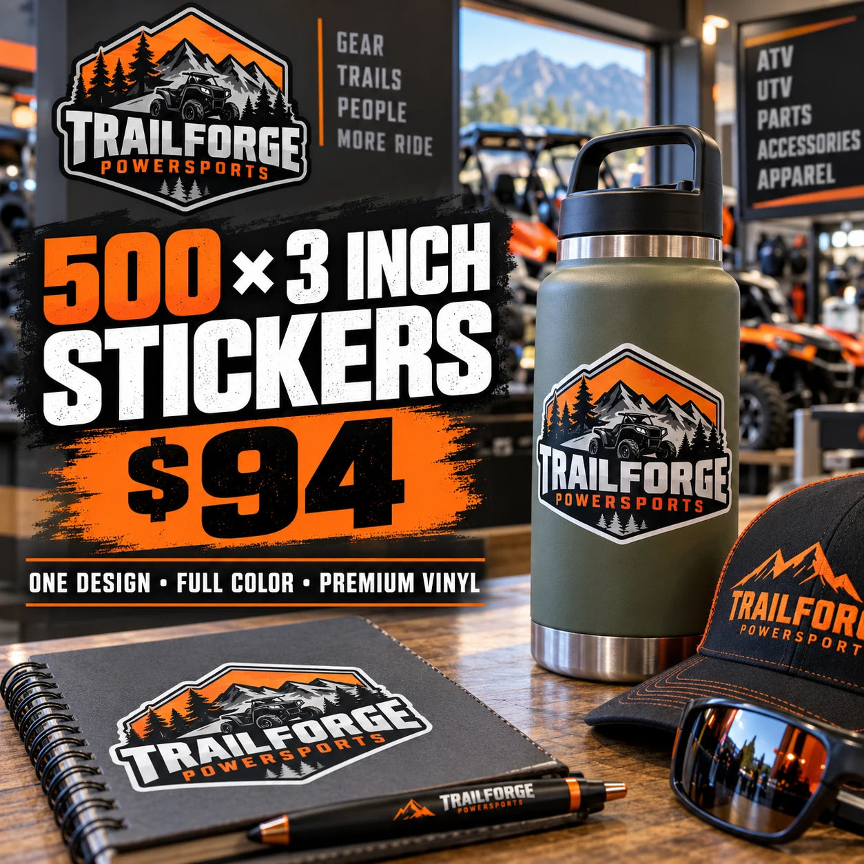 Trailforge Powersports fictional example: 500 custom 3 inch stickers for $94