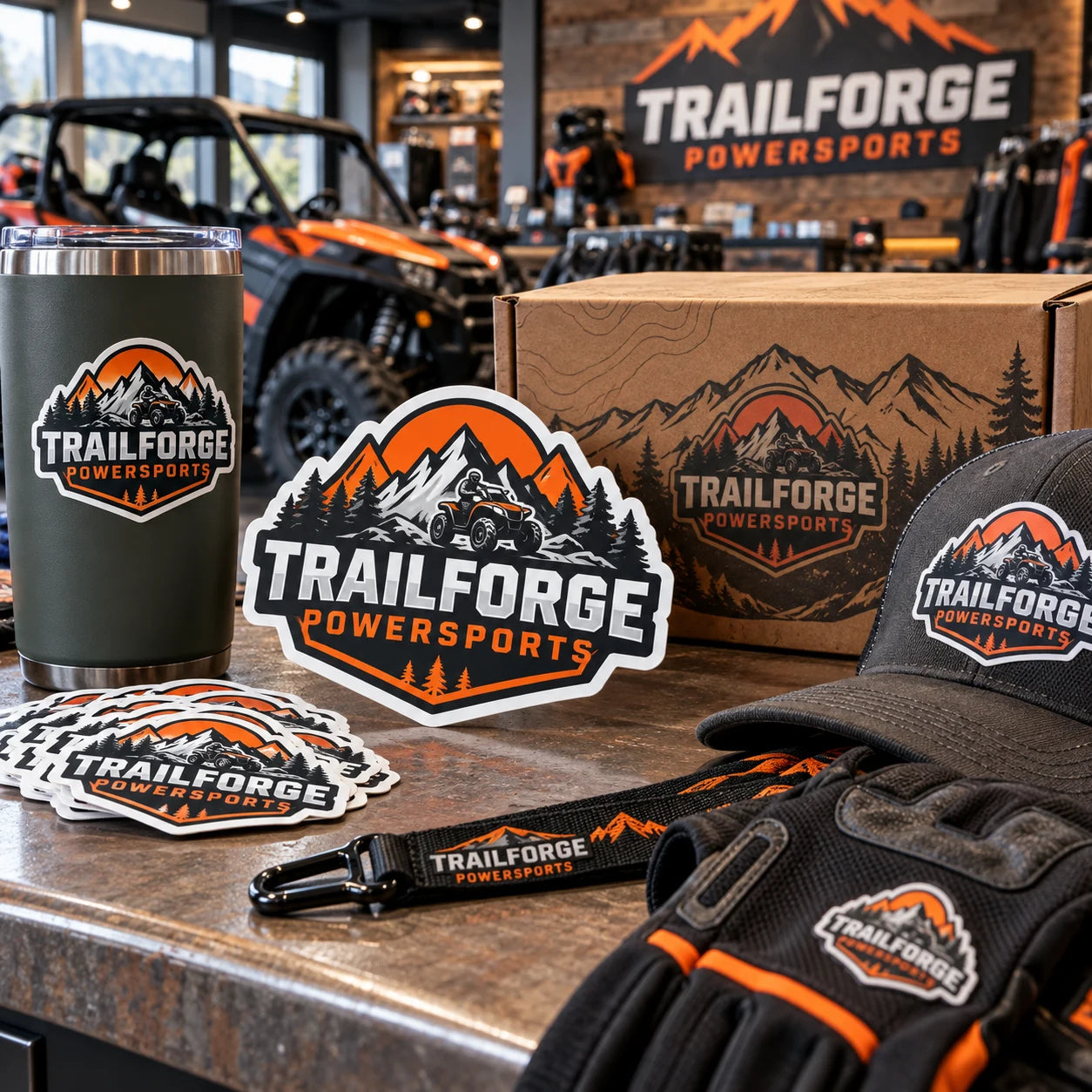 Trailforge Powersports fictional example storefront with custom lettering and stickers