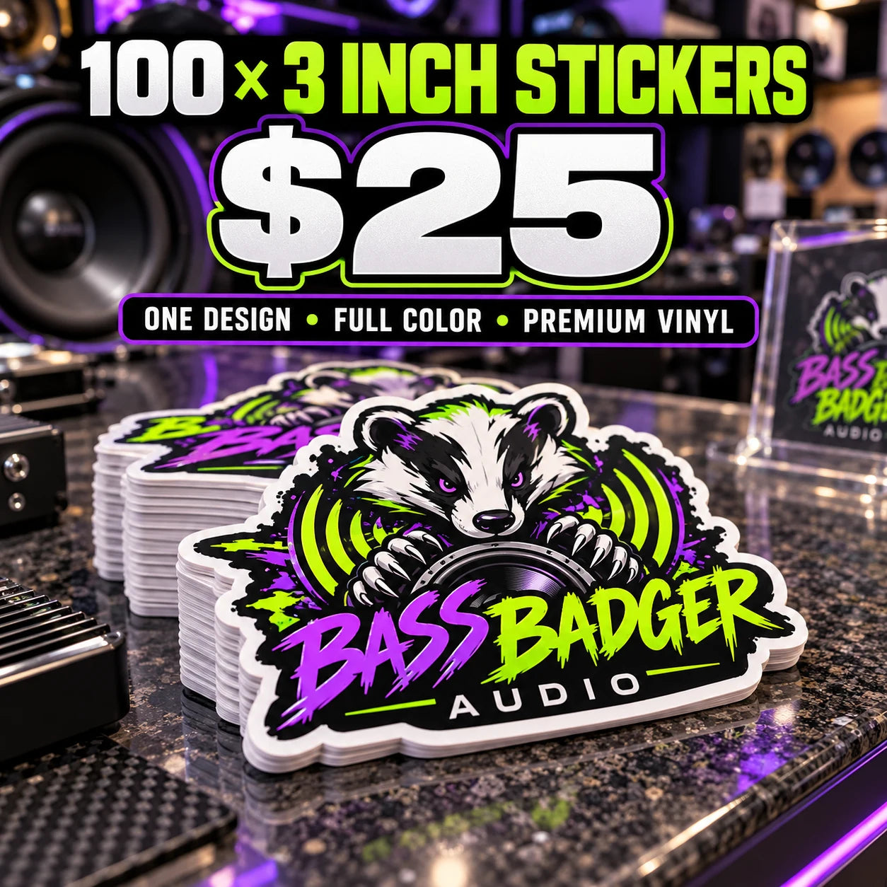 Bass Badger Audio fictional example: 100 custom 3 inch stickers for $25