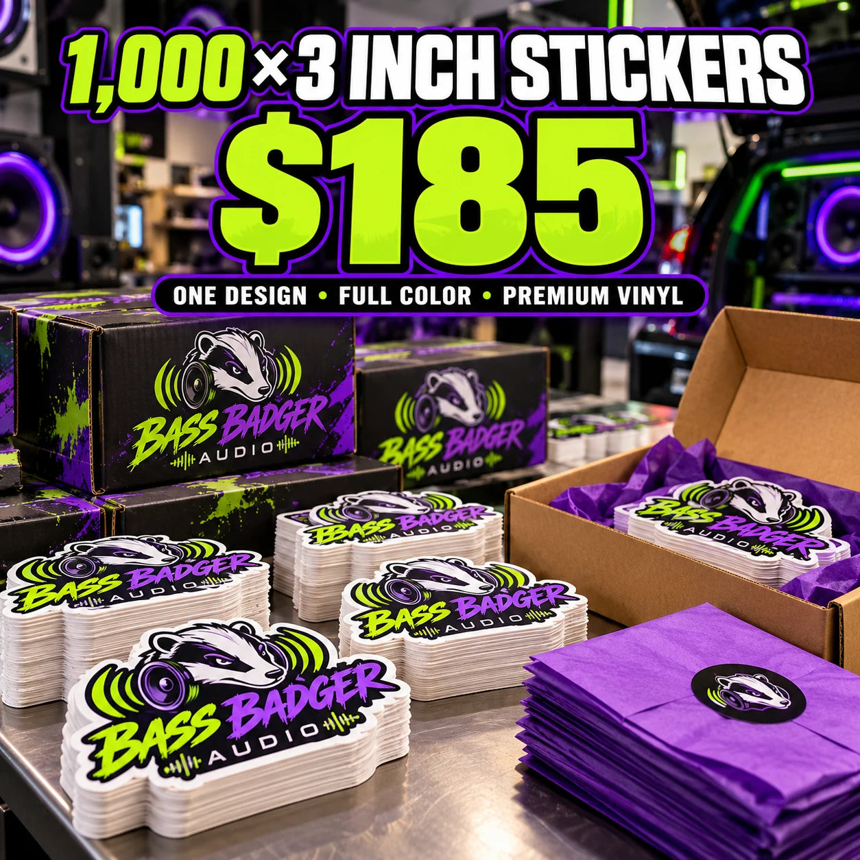 Bass Badger Audio fictional example: 1000 custom 3 inch stickers for $185