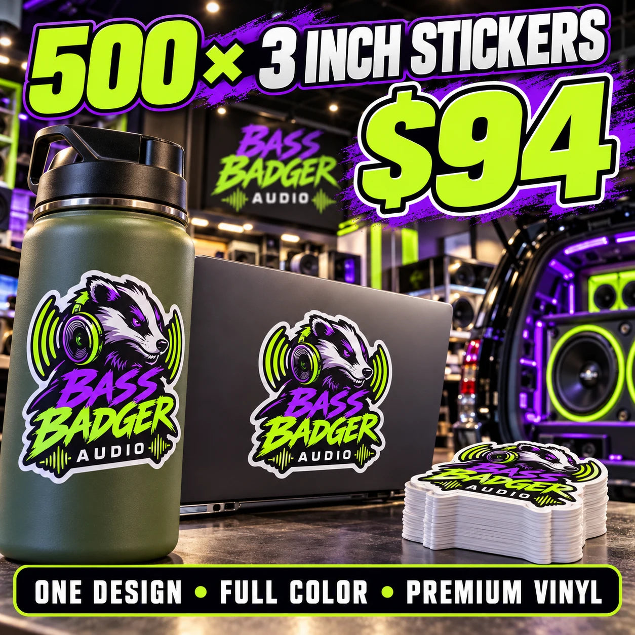 Bass Badger Audio fictional example: 500 custom 3 inch stickers for $94