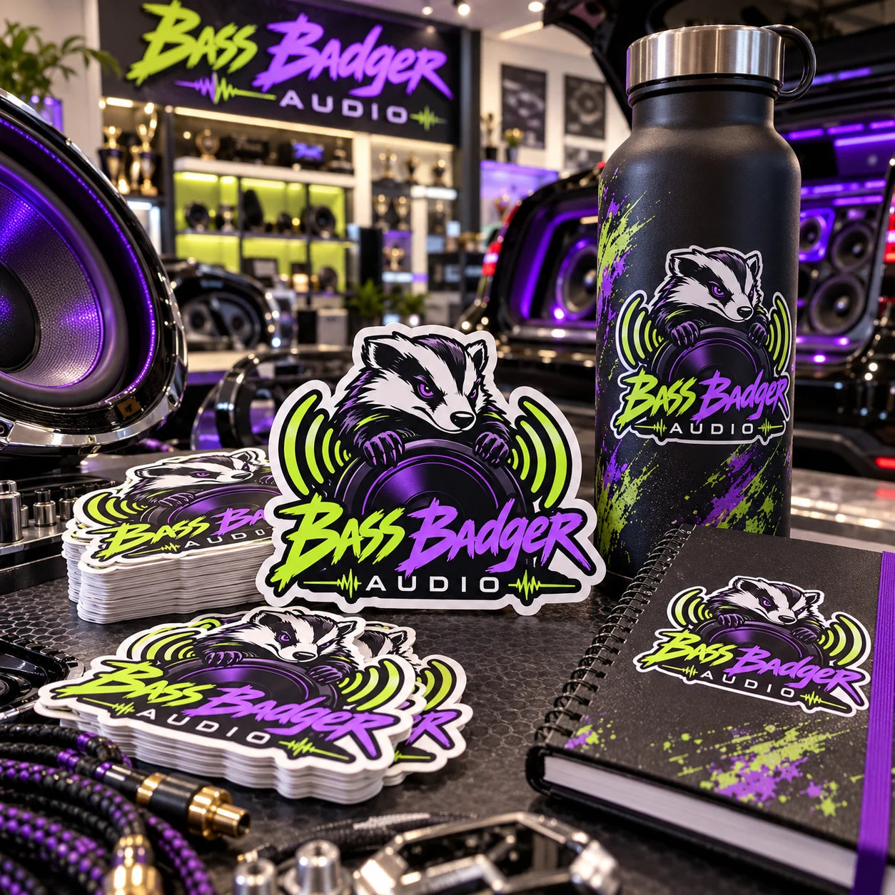 Bass Badger Audio fictional example storefront with custom lettering and stickers