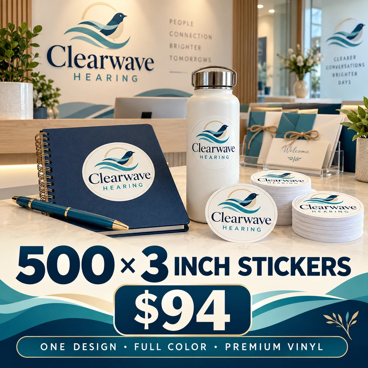 Clearwave Hearing fictional example: 500 custom 3 inch stickers for $94