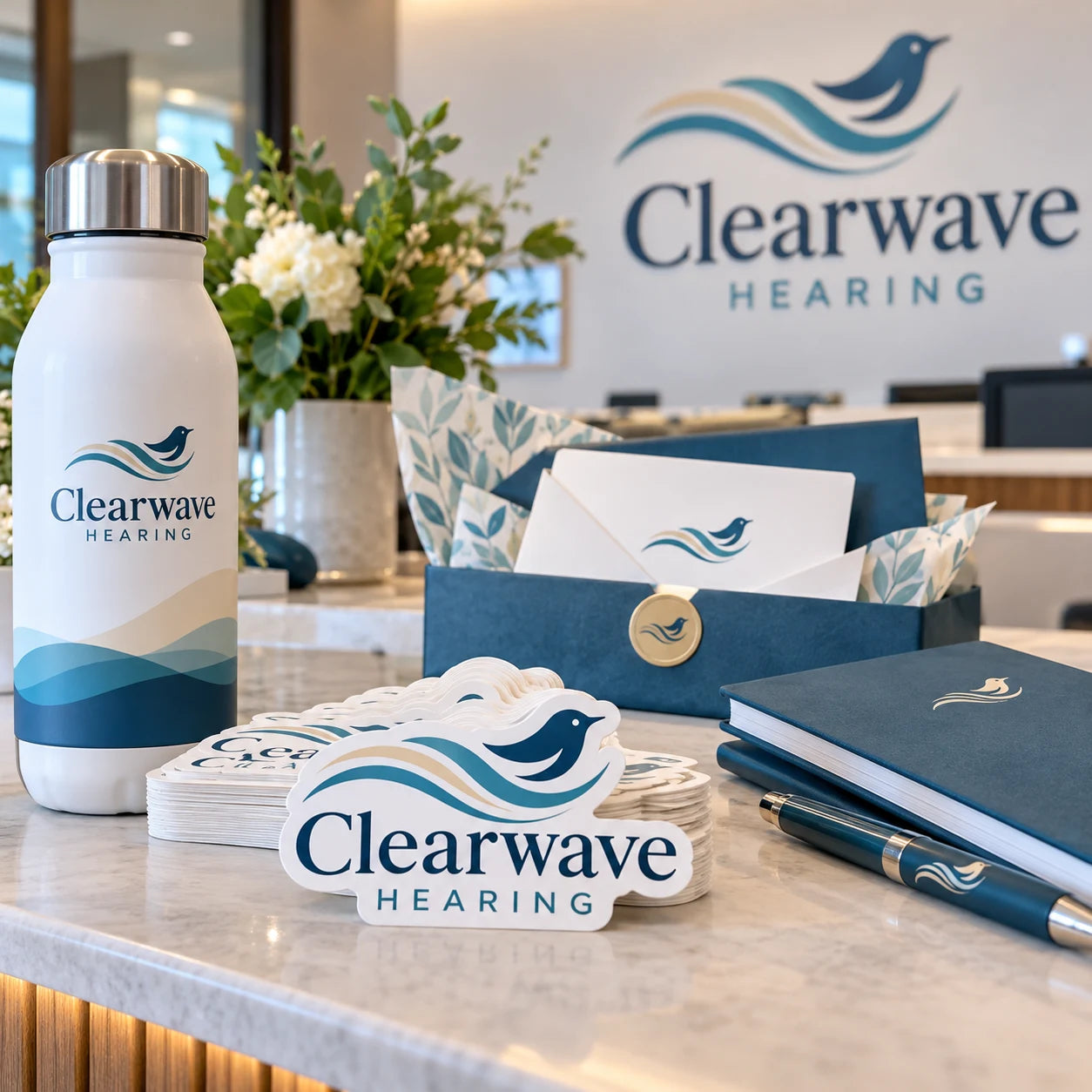 Clearwave Hearing fictional example storefront with custom lettering and stickers