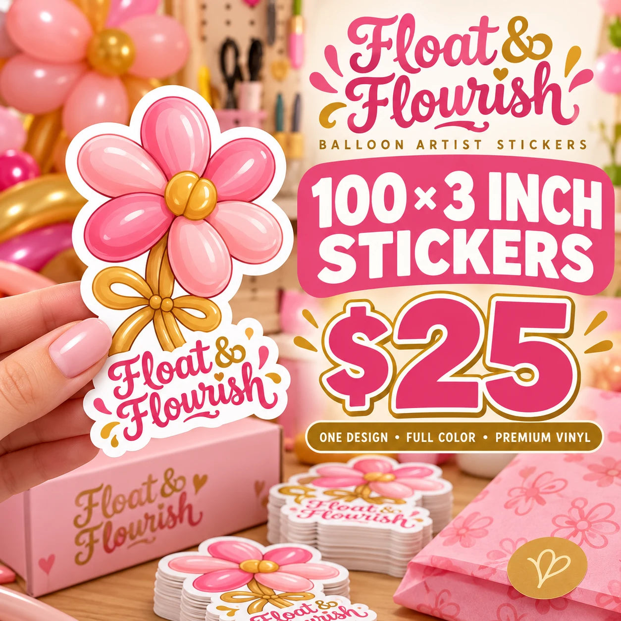 Float & Flourish fictional example: 100 custom 3 inch stickers for $25
