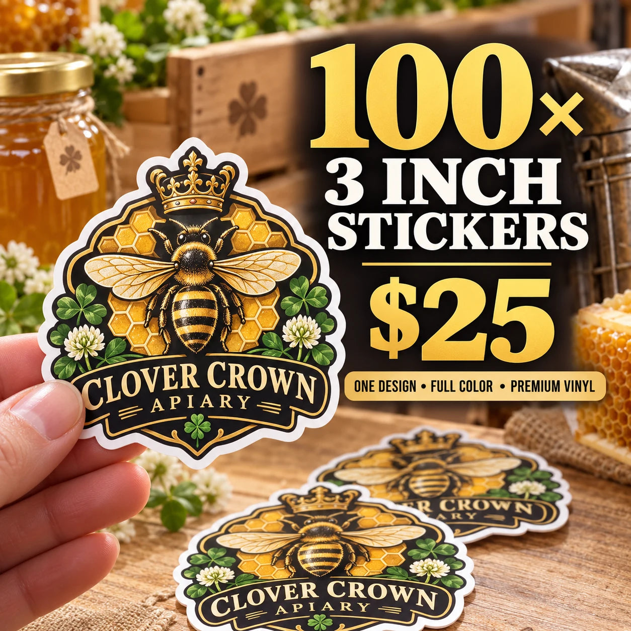 Clover Crown Apiary fictional example: 100 custom 3 inch stickers for $25