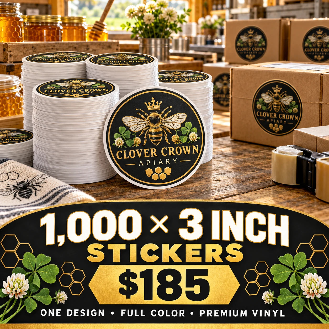 Clover Crown Apiary fictional example: 1000 custom 3 inch stickers for $185