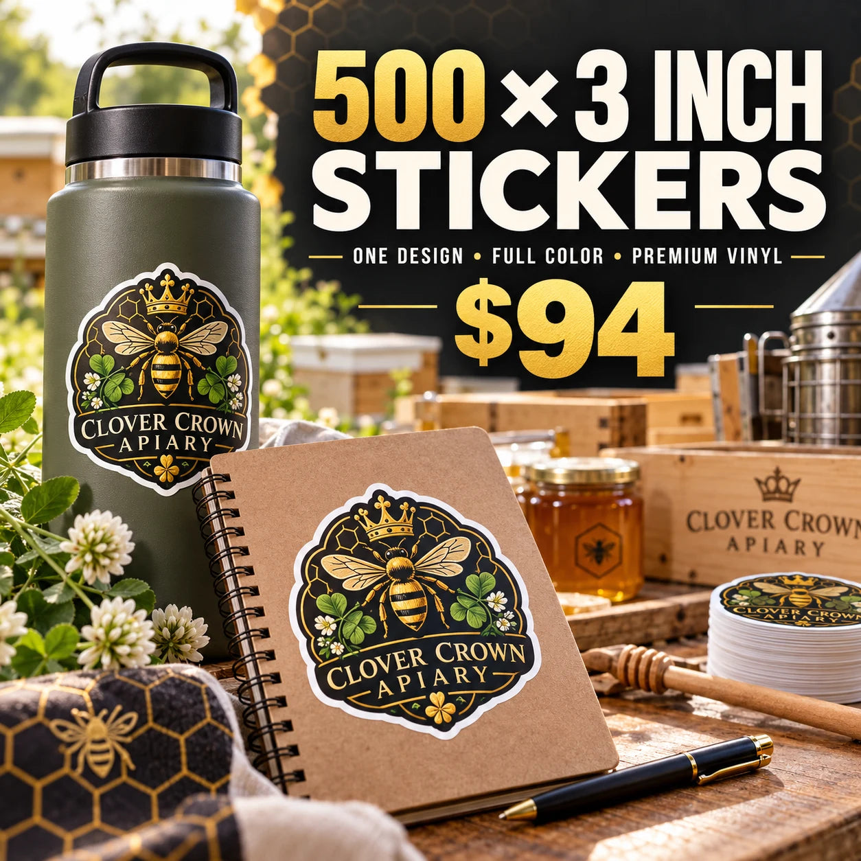 Clover Crown Apiary fictional example: 500 custom 3 inch stickers for $94