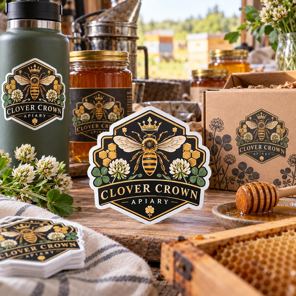 Clover Crown Apiary fictional example storefront with custom lettering and stickers