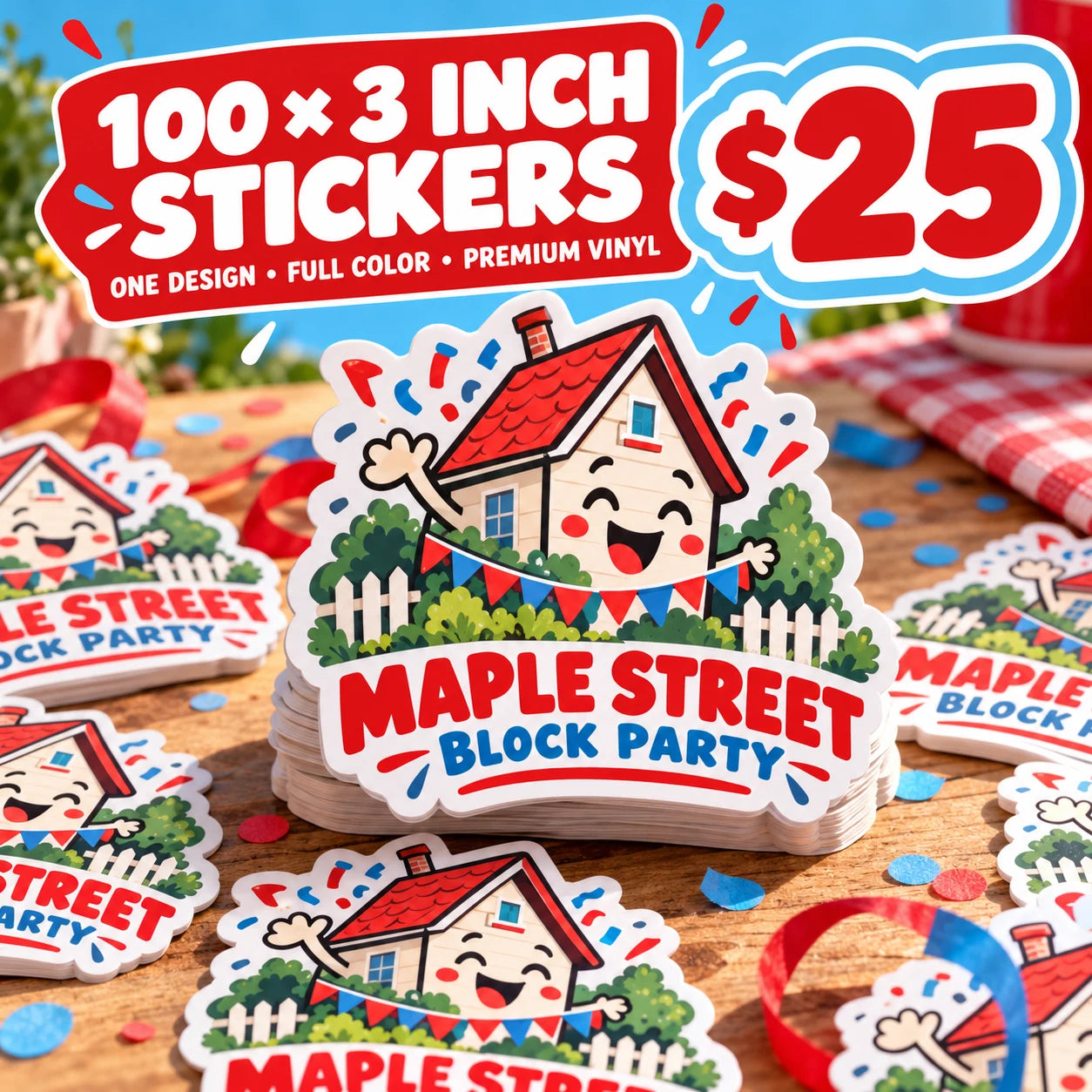 Maple Street Block Party fictional example: 100 custom 3 inch stickers for $25