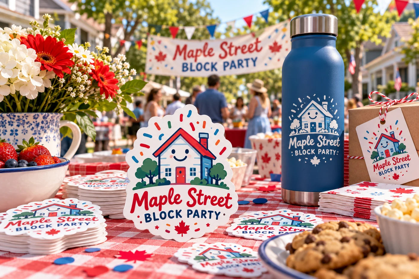 Maple Street Block Party fictional example storefront with custom lettering and stickers