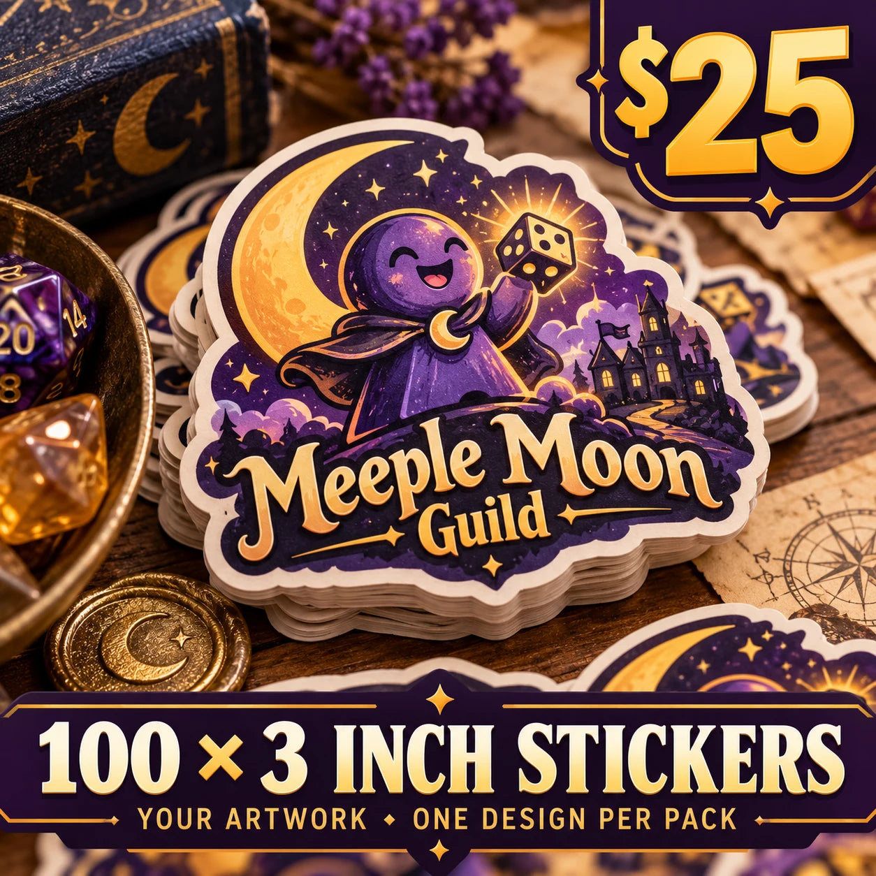 Meeple Moon Guild fictional example: 100 custom 3 inch stickers for $25