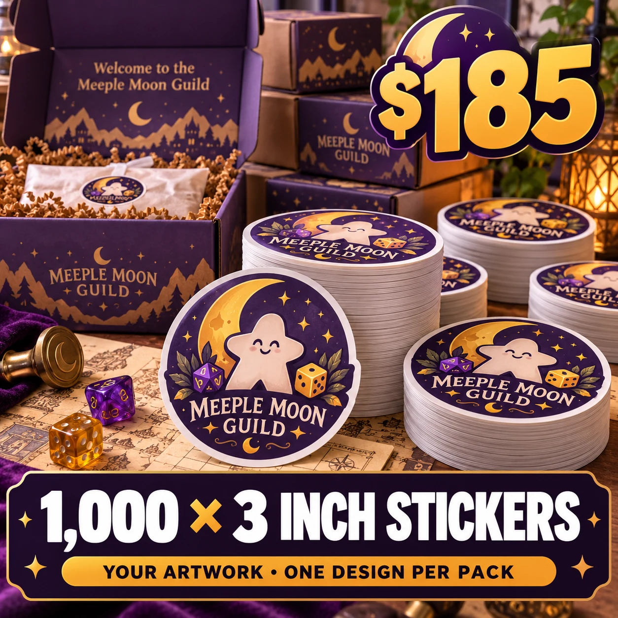 Meeple Moon Guild fictional packaging and sticker ideas