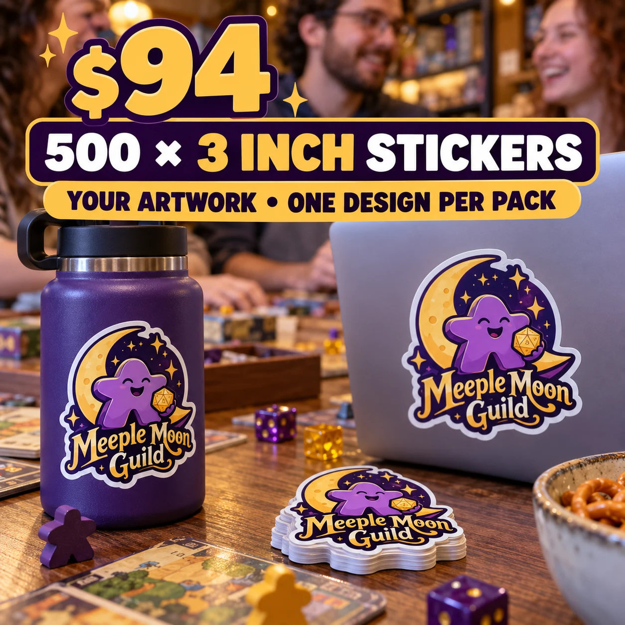 Meeple Moon Guild fictional example: 500 custom 3 inch stickers for $94