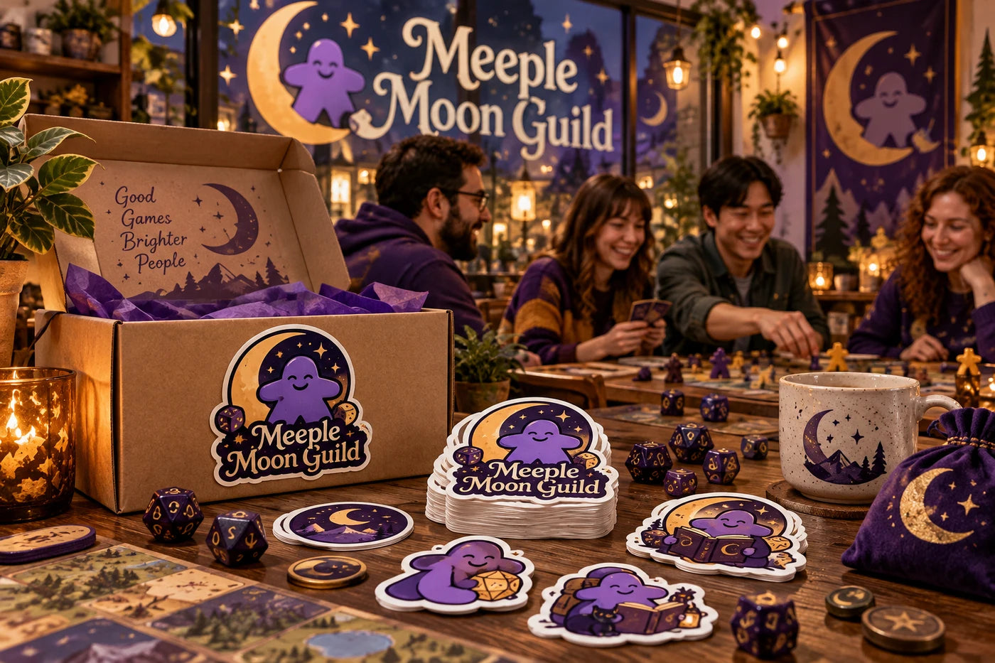 Meeple Moon Guild fictional example storefront with custom lettering and stickers