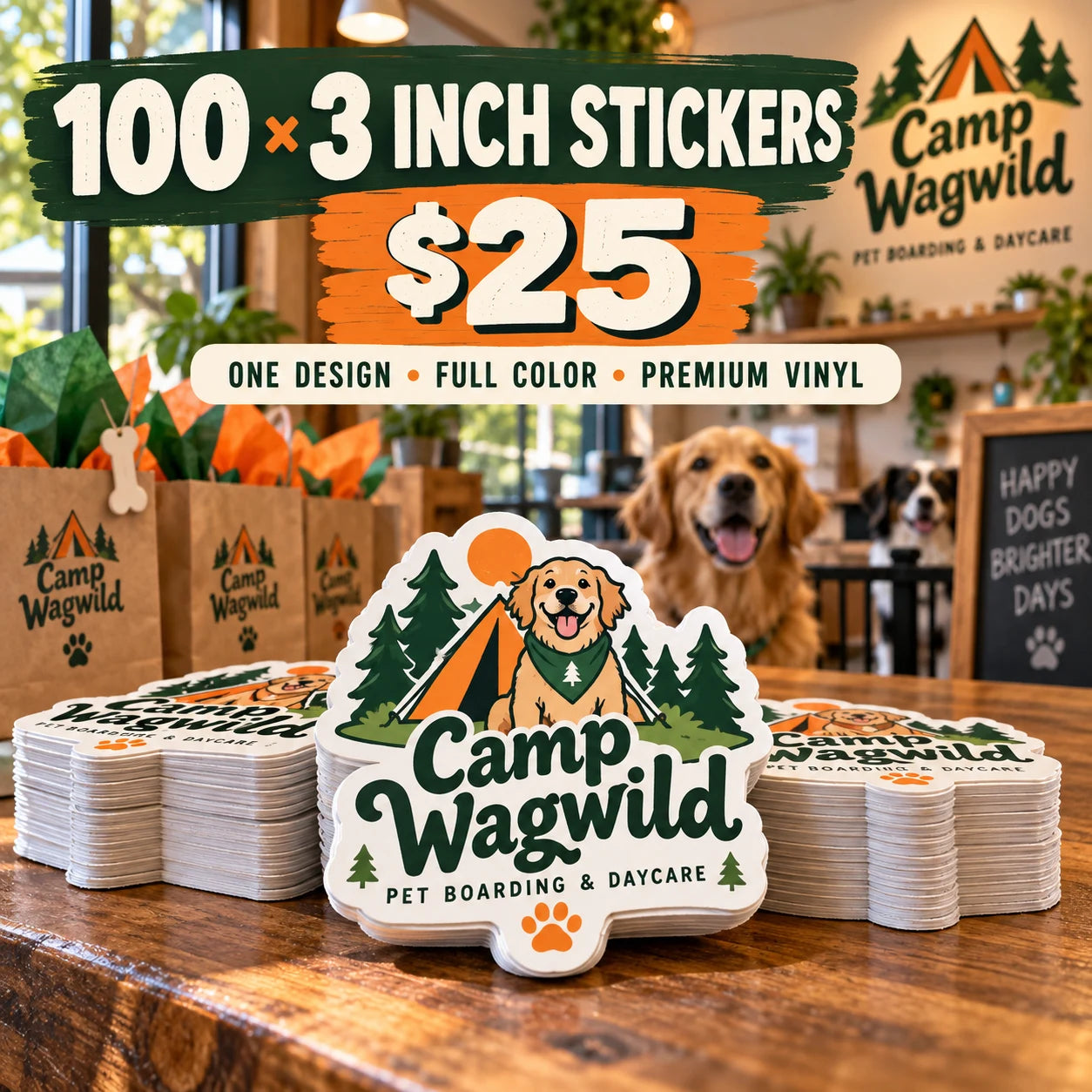 Camp Wagwild fictional example: 100 custom 3 inch stickers for $25