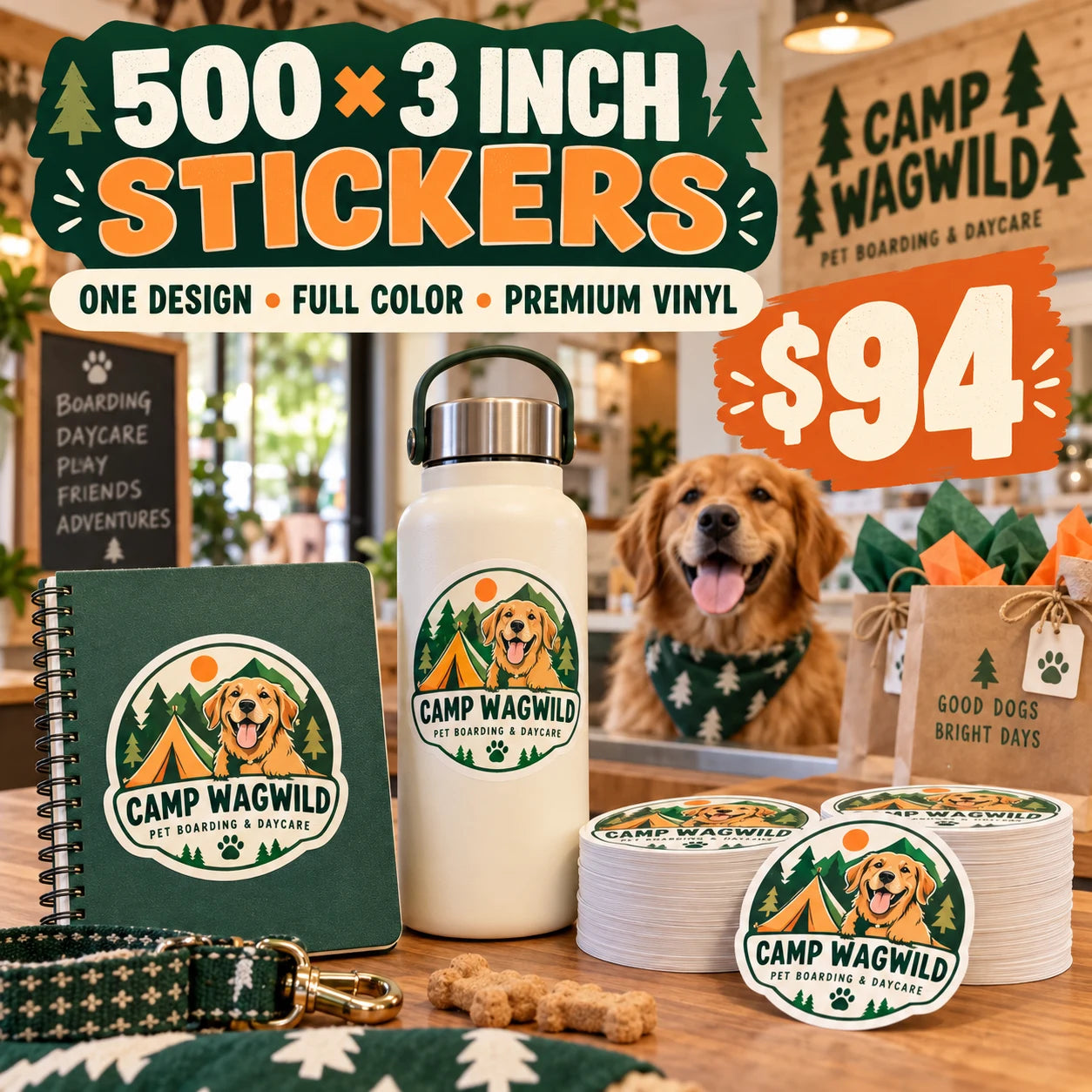 Camp Wagwild fictional example: 500 custom 3 inch stickers for $94